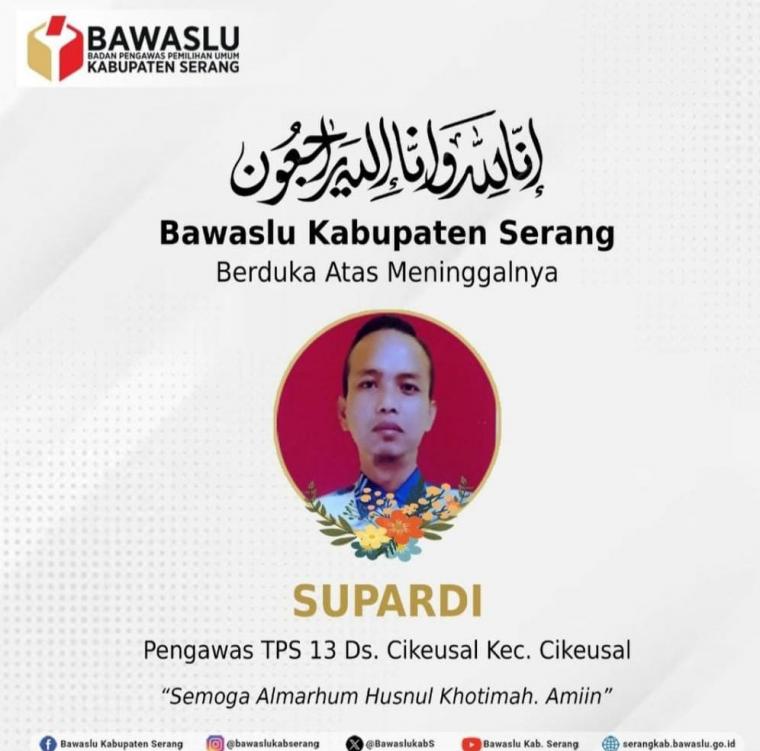 Ucapan kabar duka Bawaslu Kabupaten Serang pada PTPS Cikeusal yang meninggal dunia. (Foto: TitikNOL)