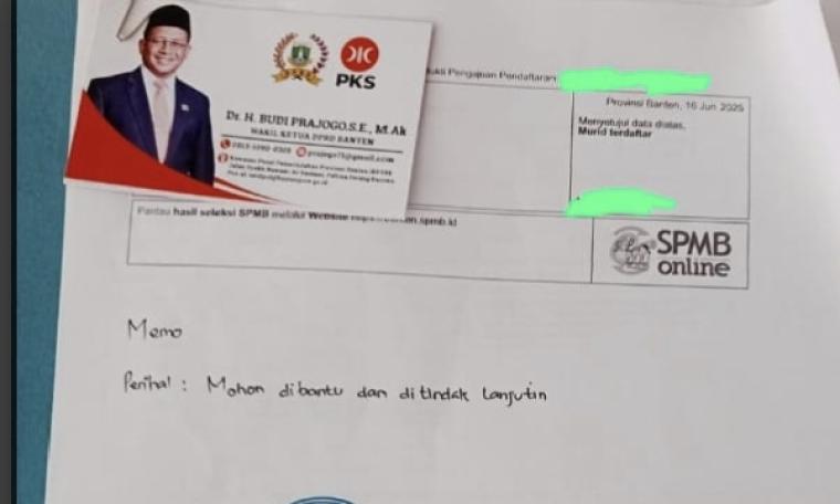 Memo dan stampel yang beredar untuk meloloskan calon siswa ke SMA negeri favorit di Cilegon. (Foto: Ist)